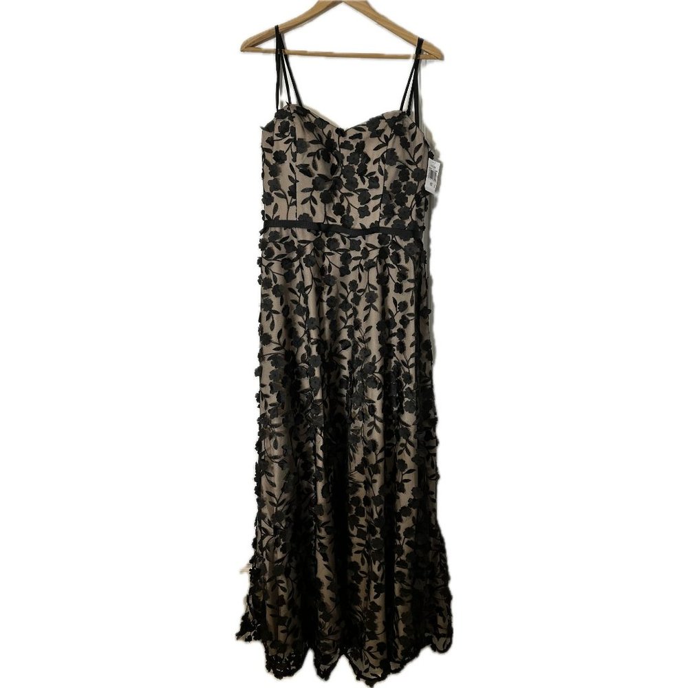 Long Spaghetti Strap 3-D Flower Ballgown Black/Nude 10